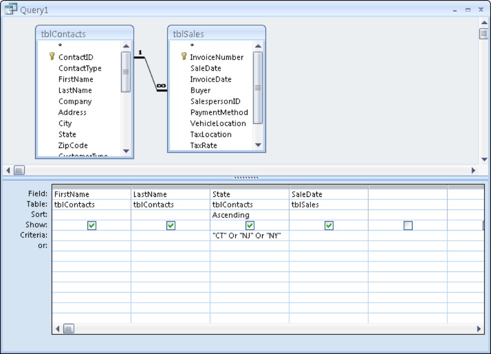 Using the Or operator. Notice the two Or operators under the State field—CT Or NJ Or NY.